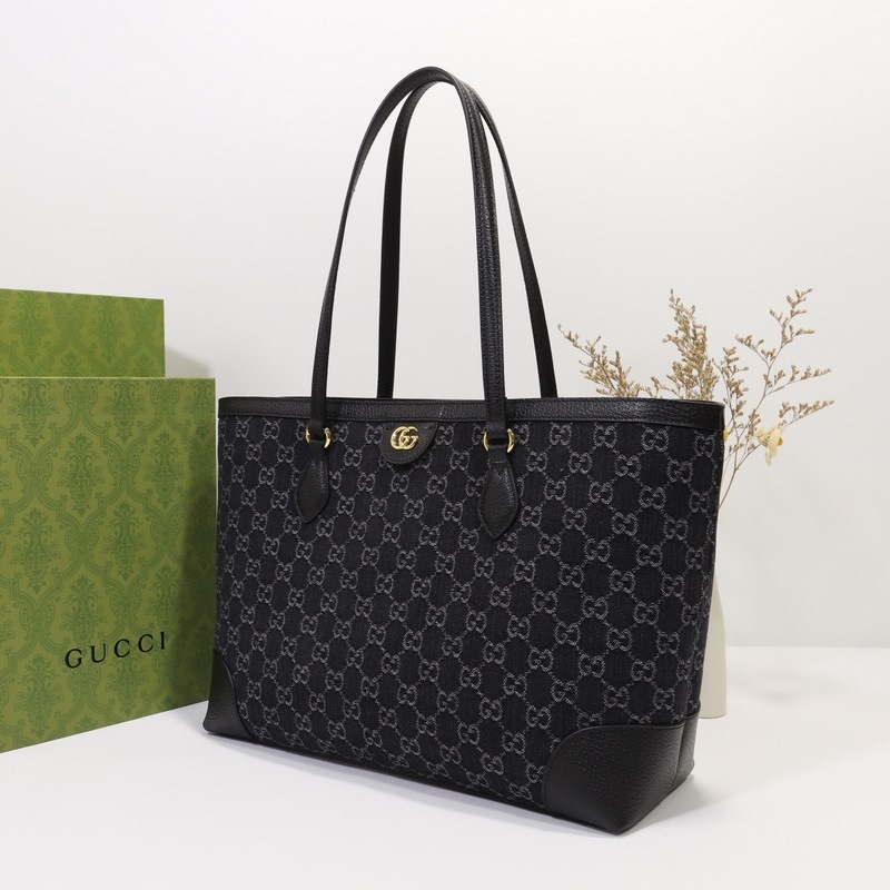 GUCCI 雙G标牛仔布托特包 款號:631685黑皮牛仔布